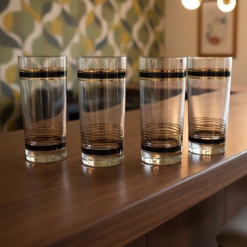 Luminarc After Hours J.G. Durand Collins 4 Glasses Gold/Black Stripes 6 1/8" *